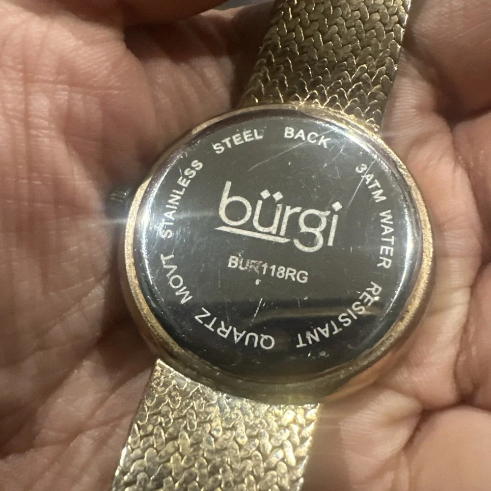 Working BURGI Womens Dainty Watch Swarovski Crystals MOP Gold Tone 37mm Fit 7.5